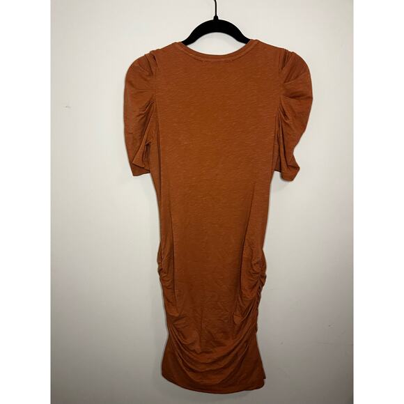 SUNDRY for ANTHROPOLOGIE Puff Sleeve Ruched Side Mini Dress Brown Clay sz. S - Picture 2 of 6